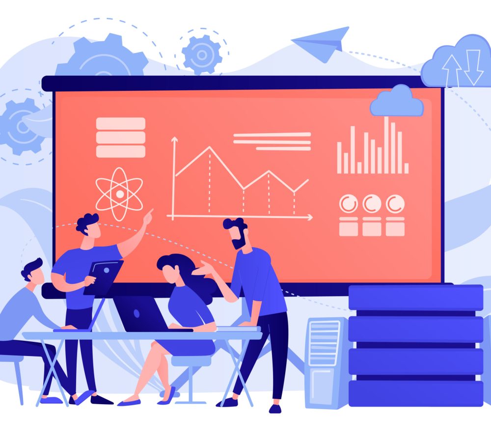 Big data conference concept vector illustration. Software Engineer, Statistician, Visualizer and Analyst working on a project. Big data conference, big data presentation, data science concept. Pinkish coral bluevector isolated illustration