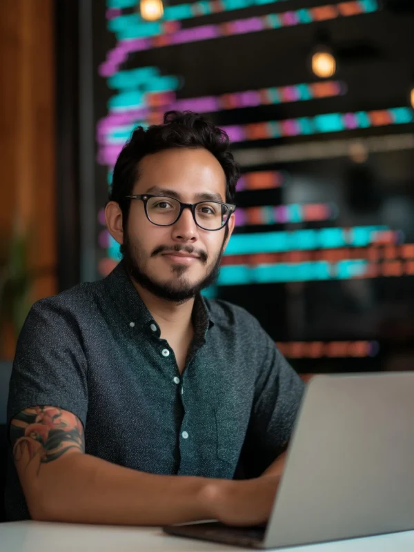 confident-young-man-with-glasses-tattoo-working-laptop-with-colorful-neon-lights-background