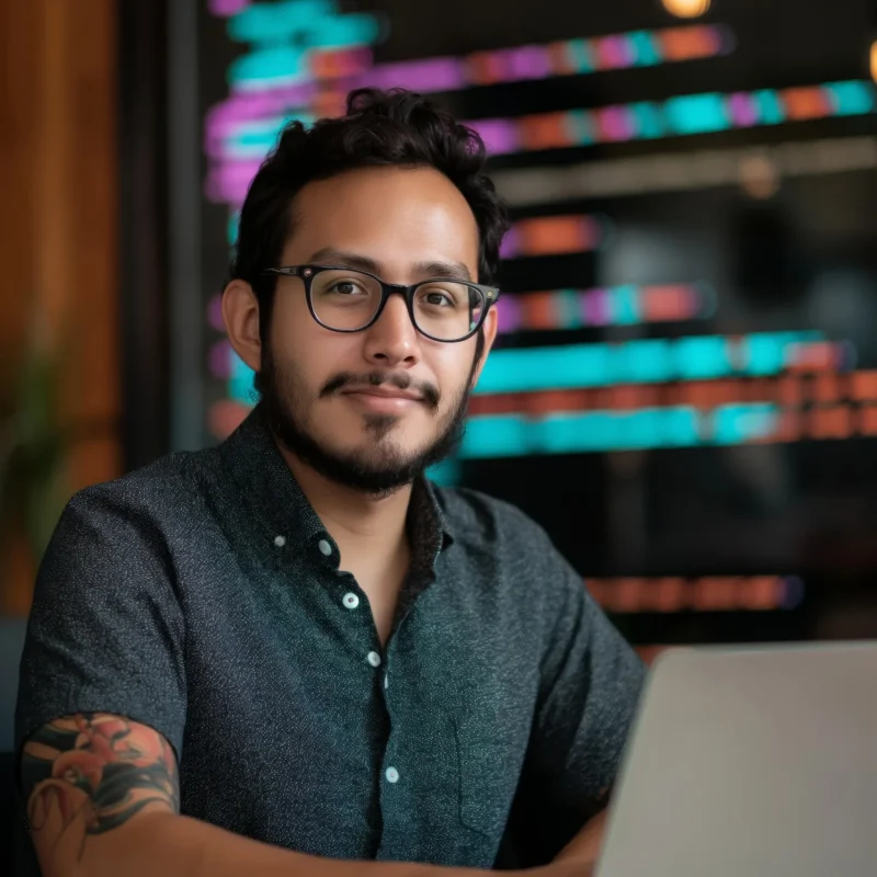 confident-young-man-with-glasses-tattoo-working-laptop-with-colorful-neon-lights-background